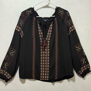 American Eagle Black Bohemian Embroidered Women's Blouse Sz M